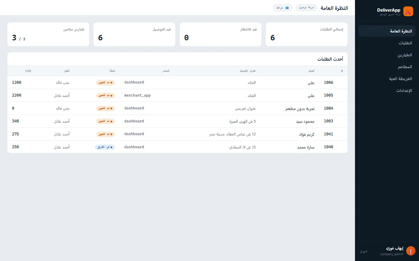 واجهة منصة الدليفري والتوصيل